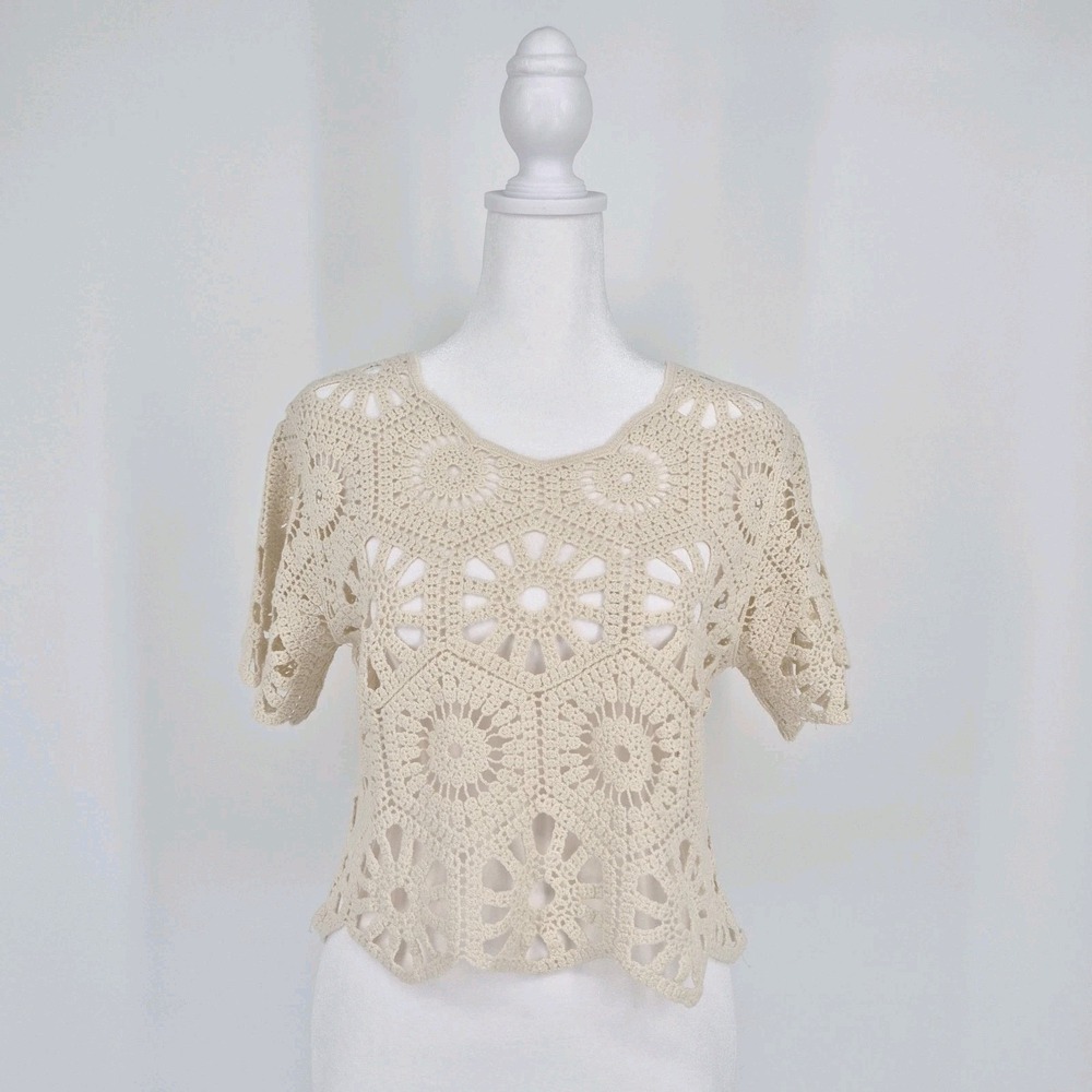 Crotchet Top Women's Cream Knit Boho Cottagecoreā Crop Fairycore Hippie Indie XS